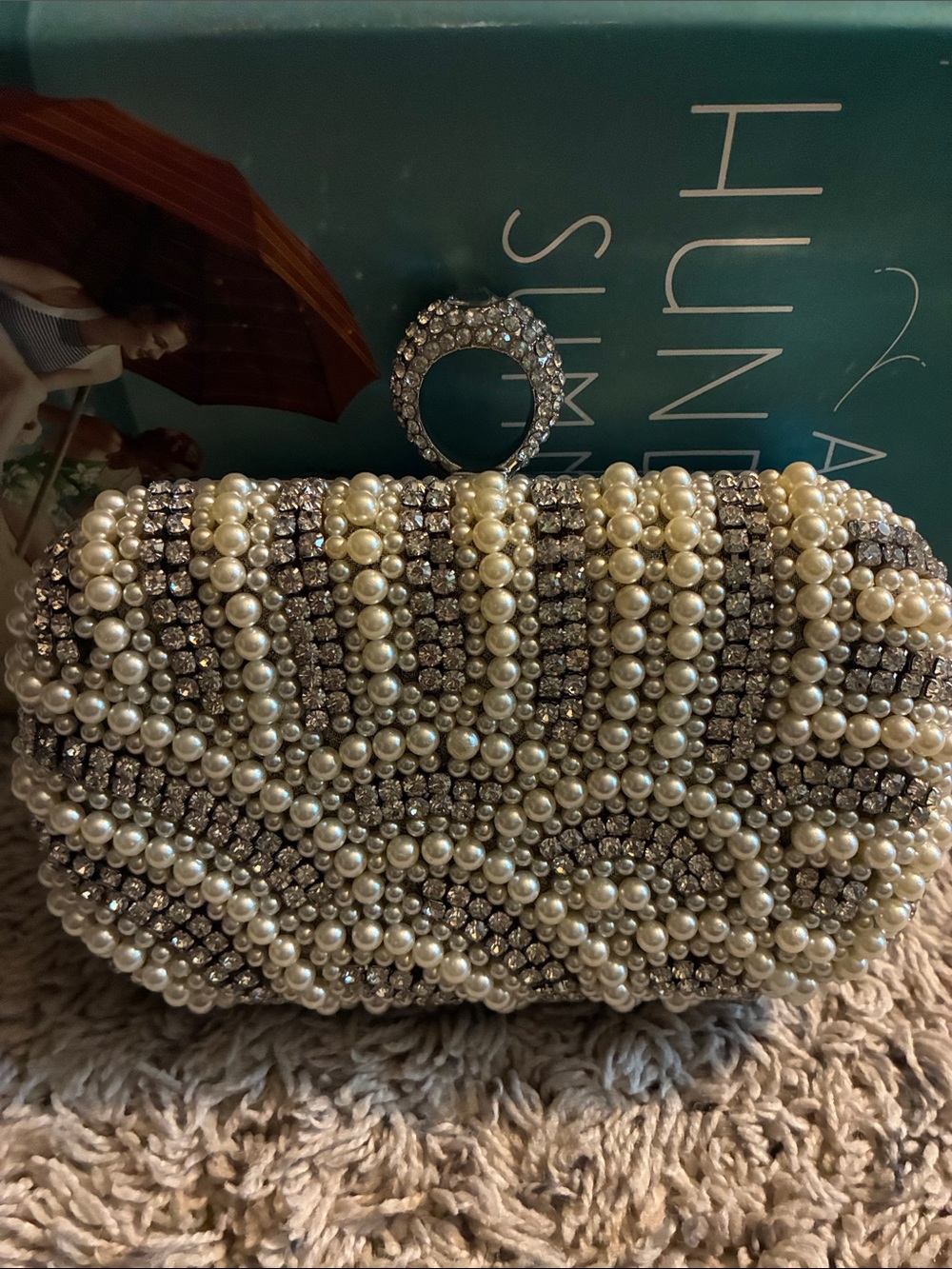 Pearl and Crystal Beaded Evening Clutch - Silver and Ivory
